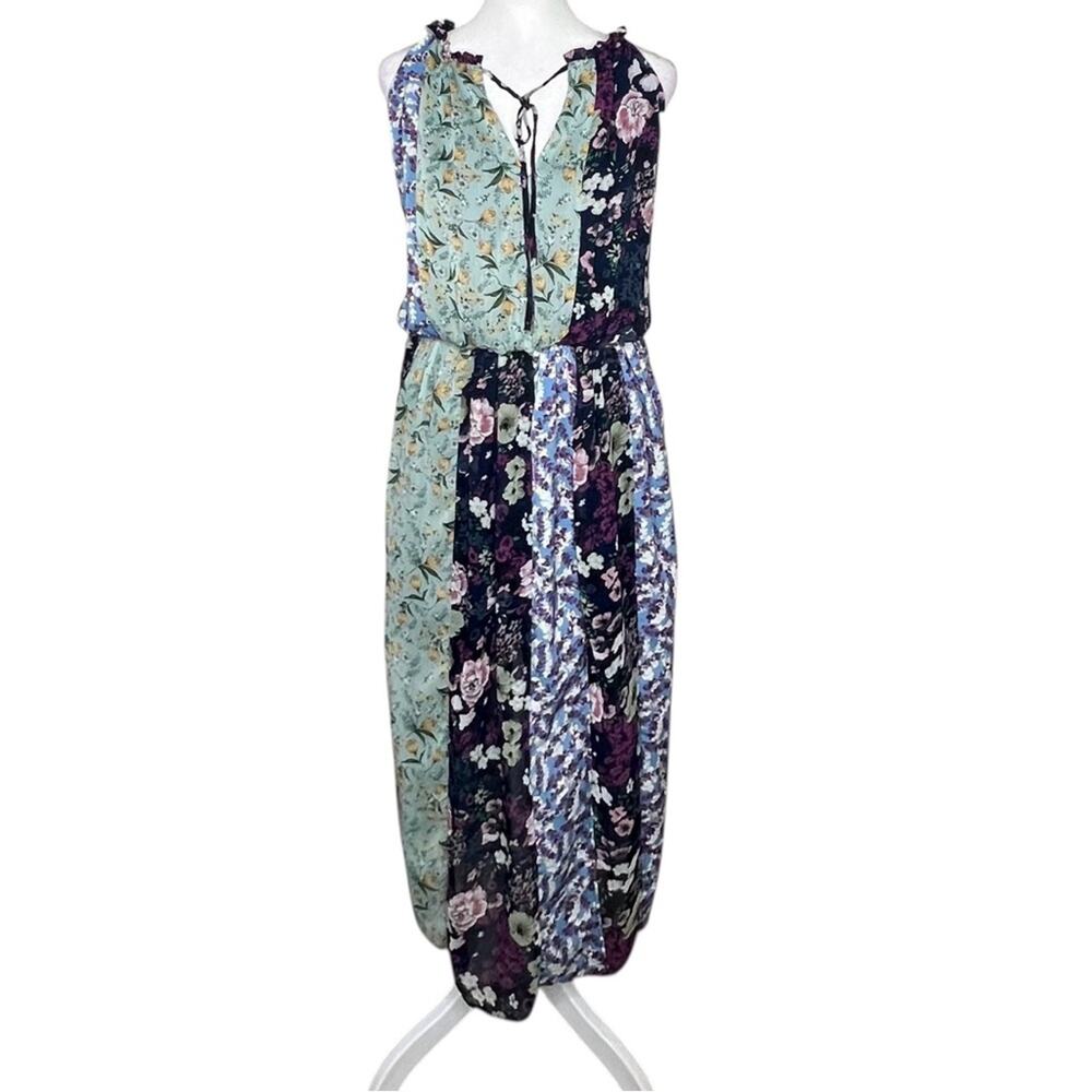 Umgee Maxi Dress L Multi Floral Patchwork Bohemian Split V Neck Tie Cottagecore